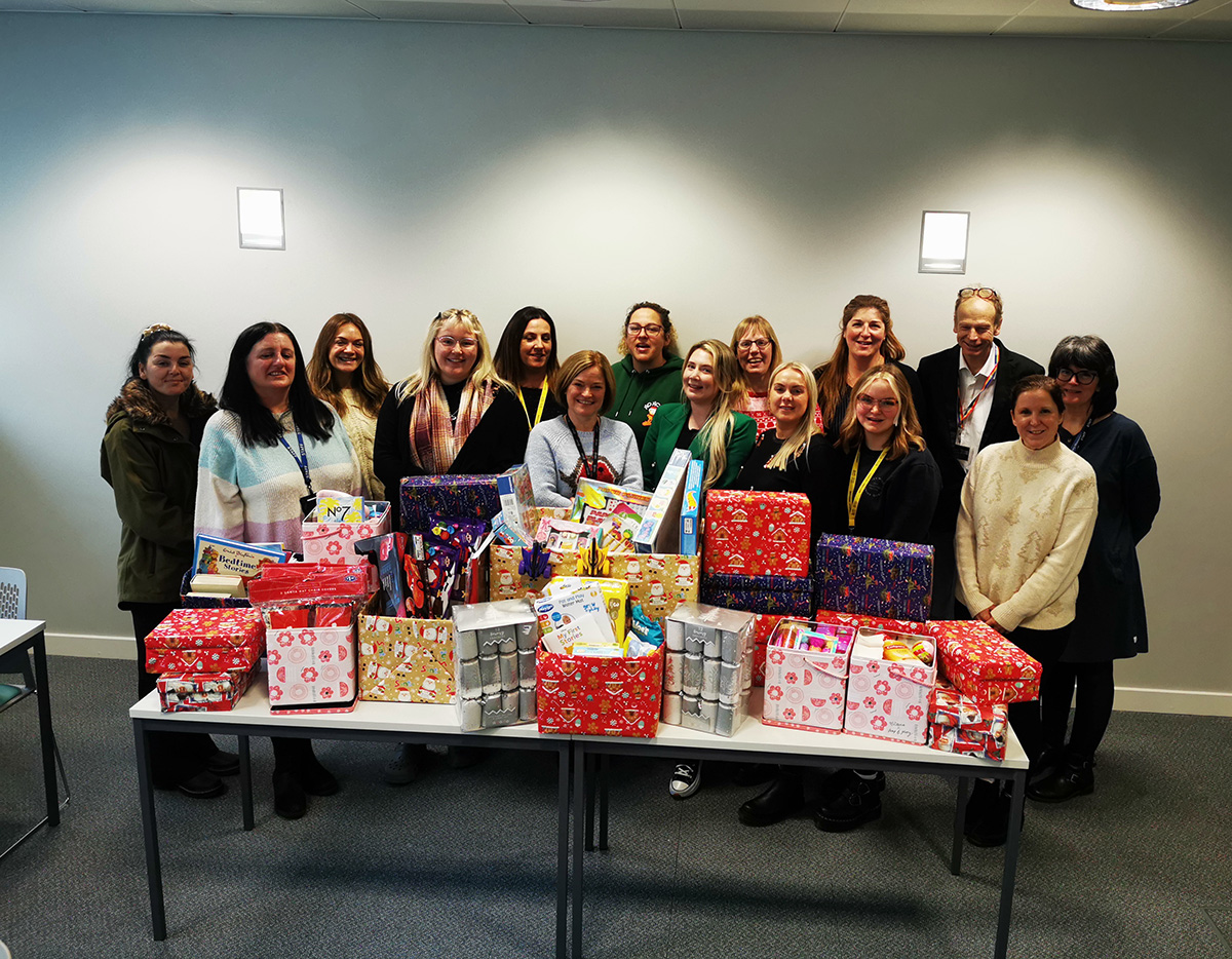 Student nurses with decorated Christmas Shoeboxes